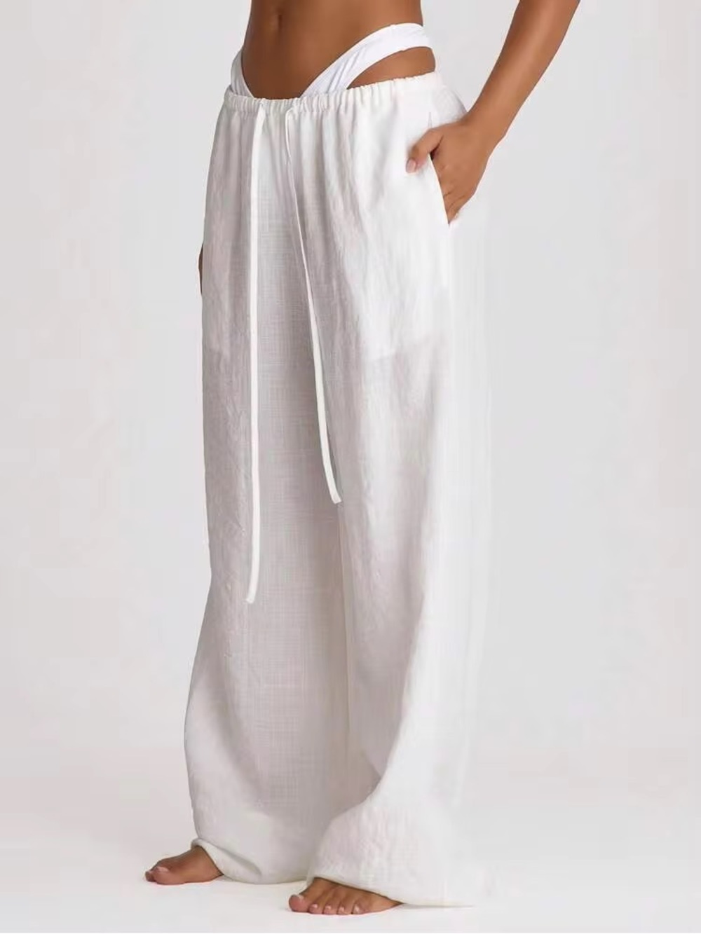 SHEIN White Wide-Leg Drawstring Lounge Pants